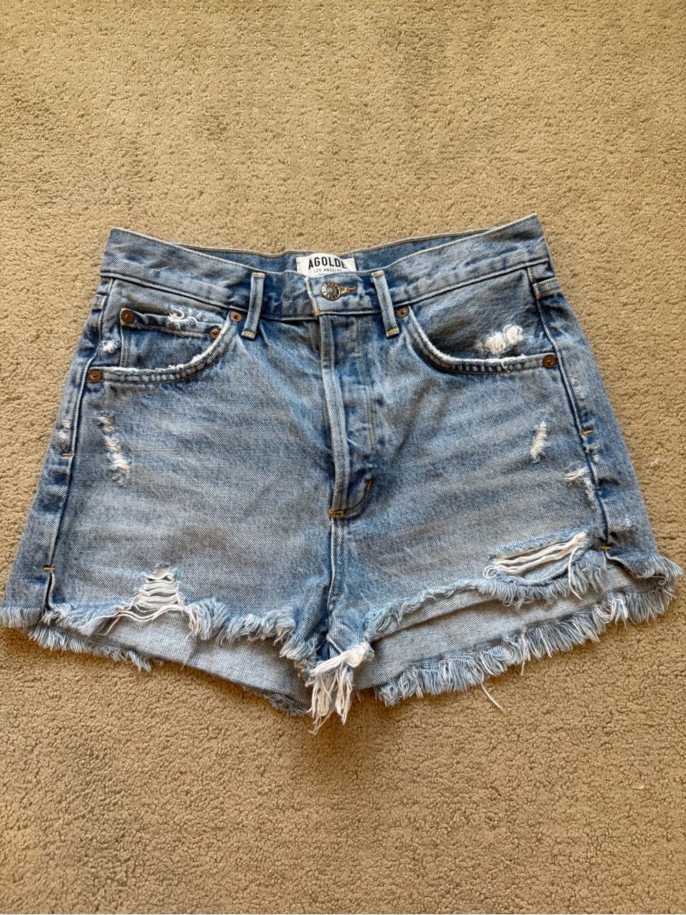 Agolde Medium Wash Distressed Denim Cutoff Shorts